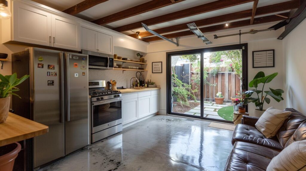 Accessory dwelling unit builder project with open concept living space featuring exposed beam ceiling from structural assessment, sliding doors, and seamless indoor-outdoor flow.