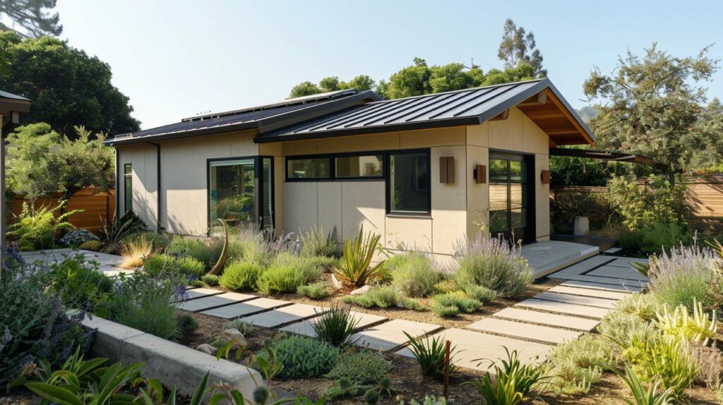 Accessory dwelling unit contractors project featuring sleek modern architecture with flat roofline, large windows, low-maintenance exterior, and professionally designed native landscaping.