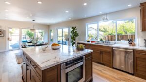Architectural planning delivers kitchen remodel with wood island and sliding glass doors for indoor outdoor flow