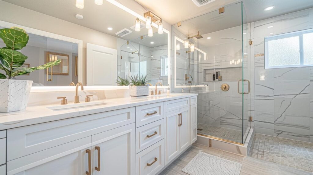 Professional bathroom renovation contractors created transitional elegance with white double vanity, gold fixtures, LED vanity lighting, and frameless glass shower enclosure.