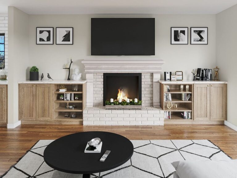 Before and after home living room in San Jose showcasing fireplace redesign with white millwork and custom built-ins for storage and display