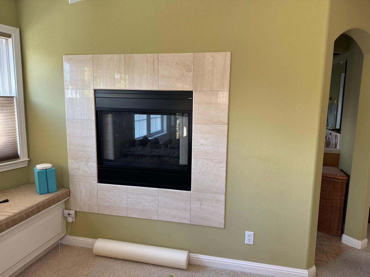 Before master bedroom fireplace in Monte Sereno, Los Gatos with tile surround prior to master suite renovation and finish upgrades
