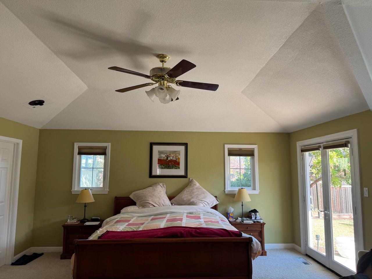 Before master bedroom in Monte Sereno, Los Gatos with vaulted ceiling and existing finishes prior to master suite renovation and upgrades