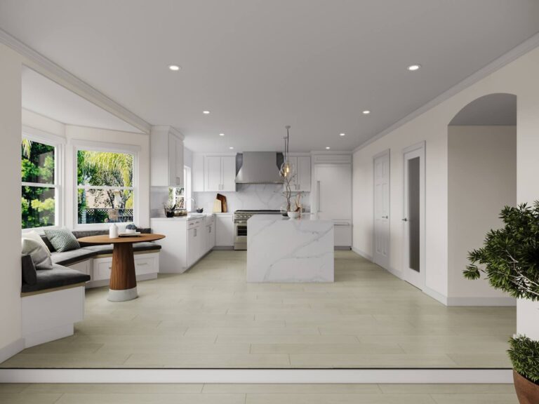 San Jose kitchen on Crossmont Circle featuring built-in breakfast nook, white cabinetry, quartzite island, and open concept layout with arched doorway