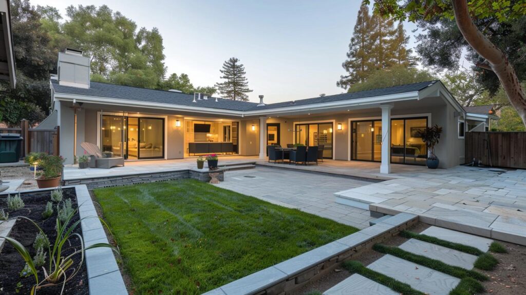 Beautiful contemporary design exterior showcasing modern single-story home at dusk with warm interior lighting, clean architectural lines, and professionally designed landscaping.