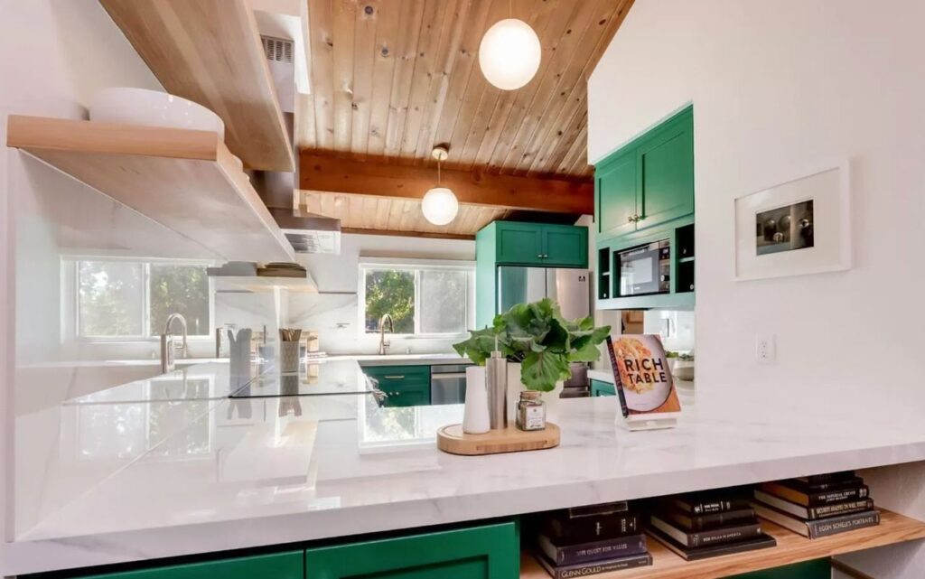 Central Ave kitchen in Mountain View featuring custom green maple cabinetry, wood ceiling with exposed beams, and open shelving storage