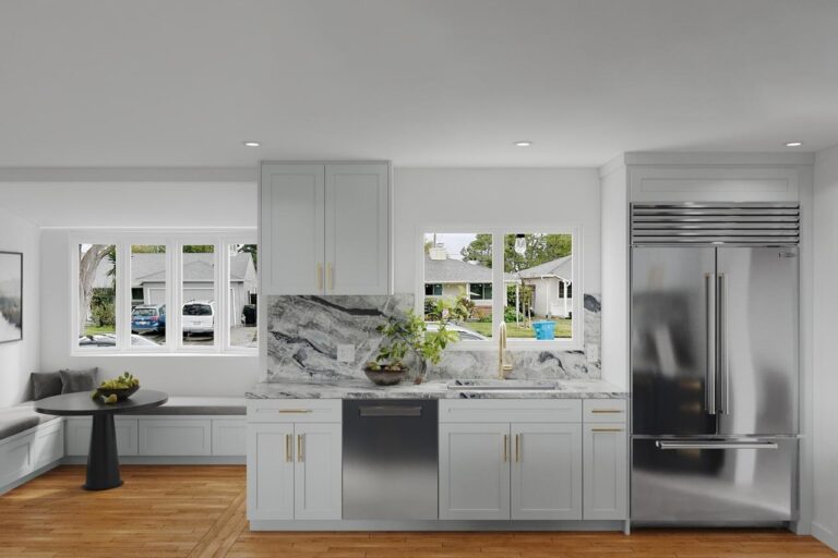 Custom kitchen design 3D rendering for Santa Clara showing white cabinetry with gray marble slab accent wall, hardwood plank floors, and open concept layout with living area views