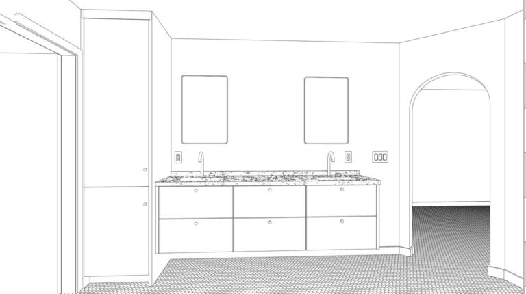 Custom walnut vanity elevation rendering for Los Gatos master bathroom showing modern cabinetry layout with integrated LED lighting and storage design