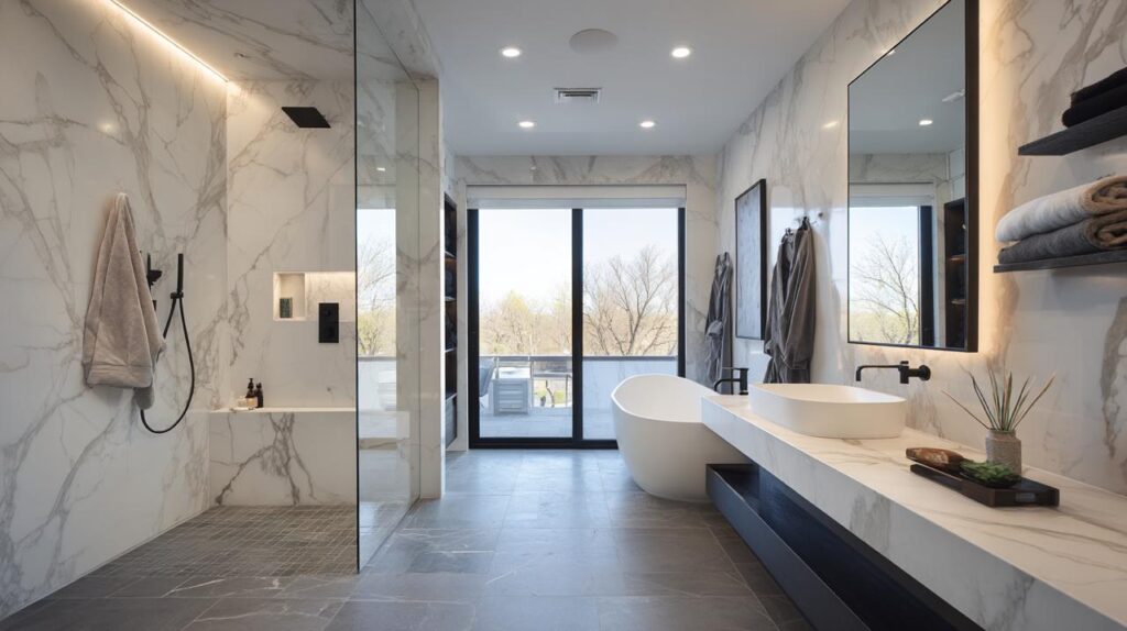 Contemporary bathroom showcasing elegant freestanding tub on raised platform with warm wood accents and stunning city views