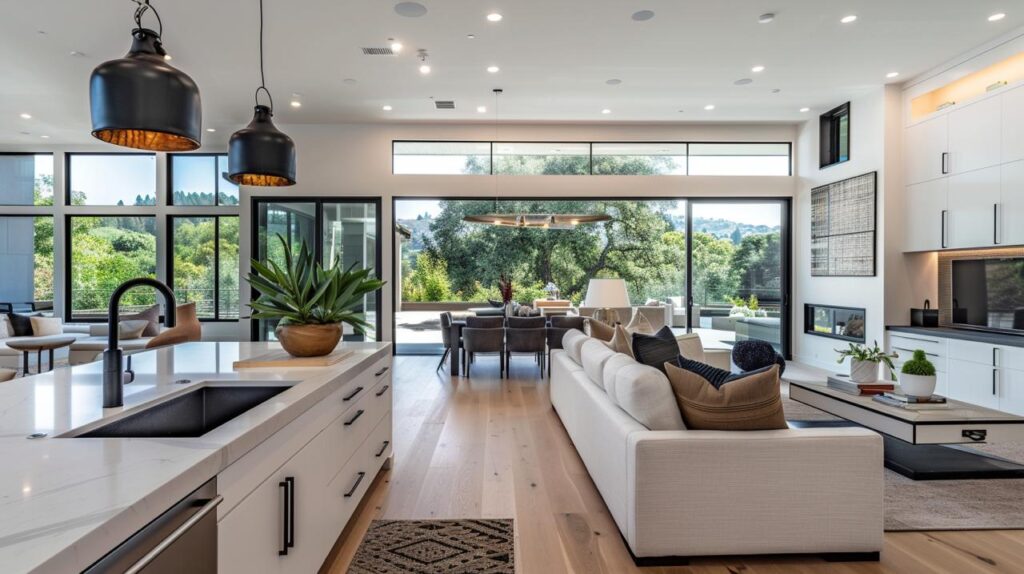 Full home remodel San Francisco featuring open concept design with kitchen island seating visible from living room