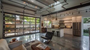 Garage remodel showcasing open concept workshop with exposed ceiling beams, architectural planning for flexible use, industrial lighting, and built-in storage solutions.