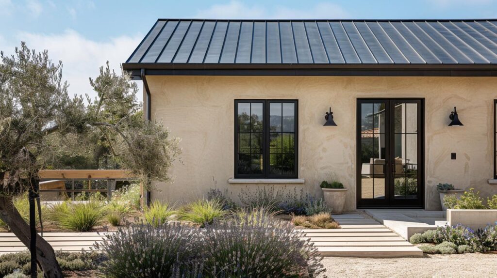 Garage remodeling exterior transformation featuring modern farmhouse design with stucco finish, black frame windows, standing seam metal roof, and professional site assessment landscaping.