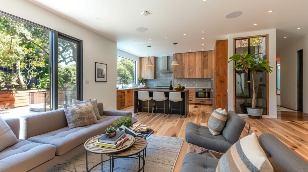 Open concept living featuring hardwood flooring throughout kitchen and dining with warm modern design