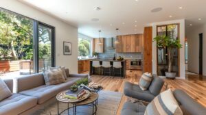 Open concept living featuring hardwood flooring throughout kitchen and dining with warm modern design