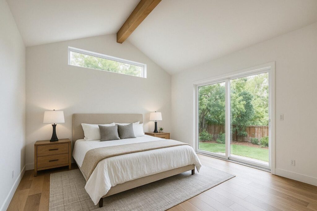 Stunning master bedroom by home addition builders in Los Gatos showcasing dramatic vaulted wood ceiling, floor-to-ceiling windows, and contemporary furnishings.
