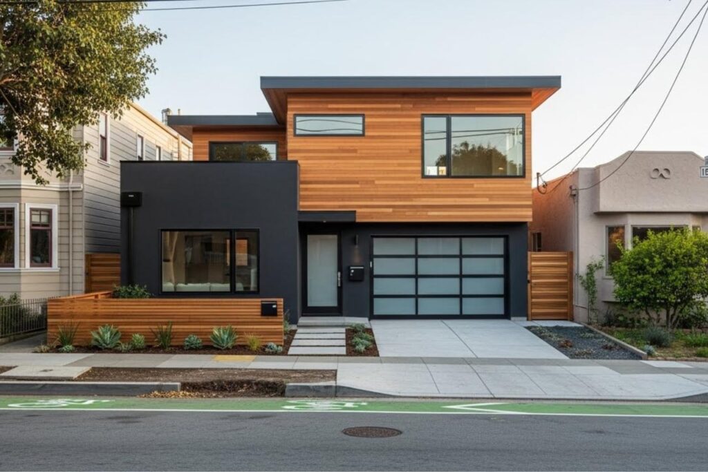 Home remodeling contractors San Francisco transform exterior with contemporary wood siding and modern garage
