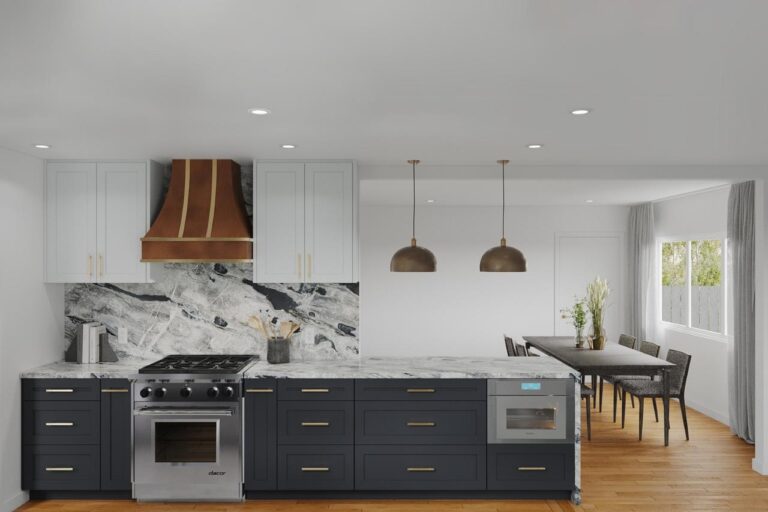 Kitchen expansion and remodel 3D visualization for Santa Clara featuring two-tone cabinetry with white shaker uppers and gray island, wood pendant lights, bookmatched marble backsplash, and hardwood floors