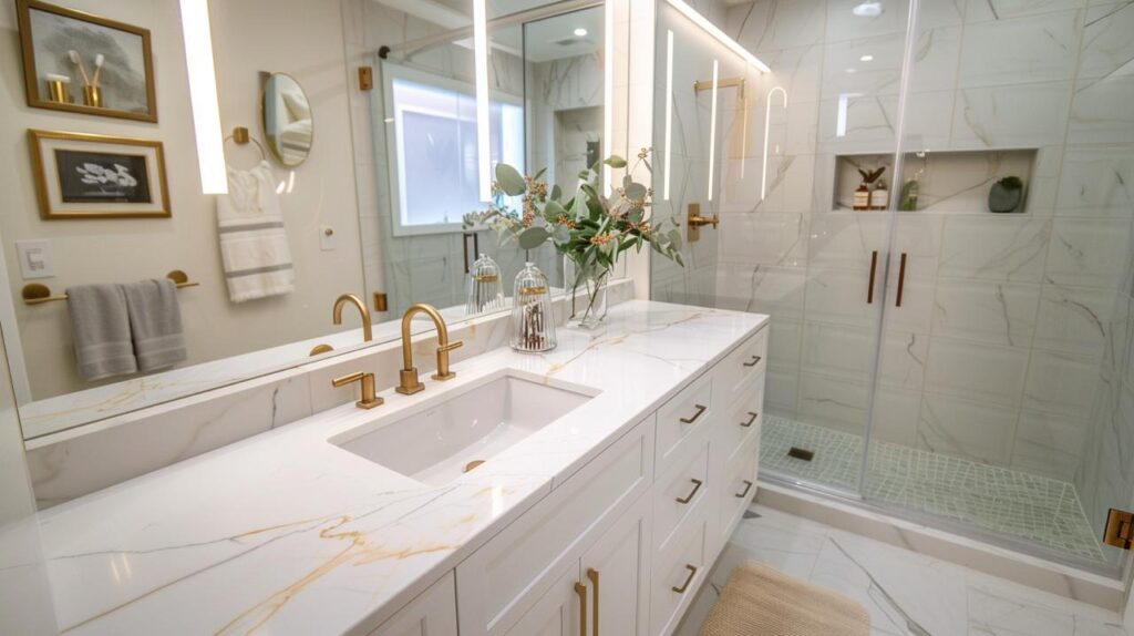 Luxury bathroom with marble surfaces, brass fixtures, and custom vanity creating spa-inspired retreat