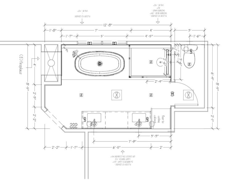 Detailed floor plan for Monte Sereno master suite renovation showing custom layout with freestanding soaking tub, walk-in shower, and dual vanity configuration