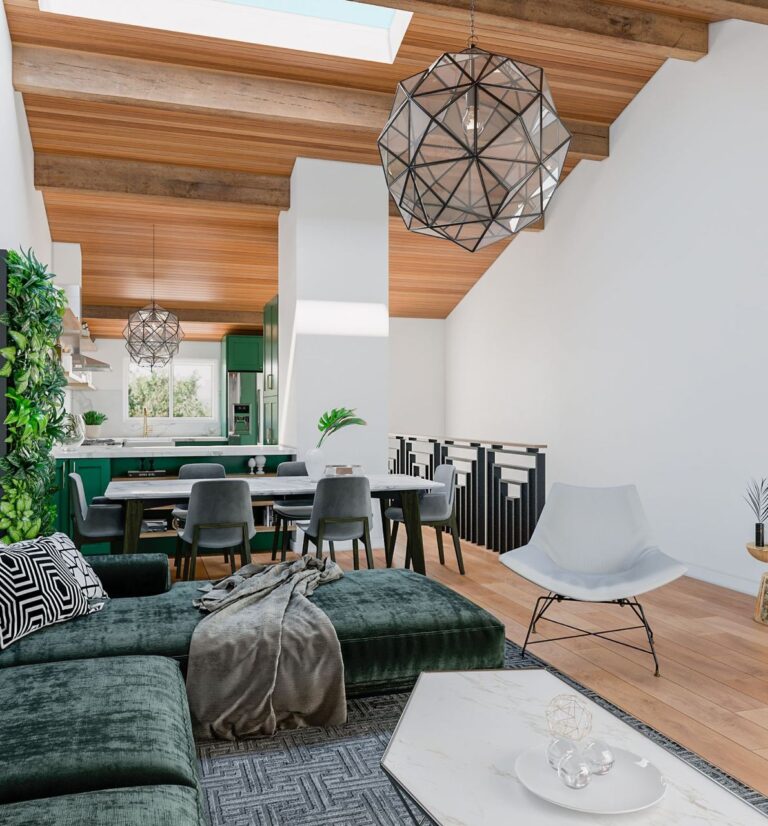 Central Ave home remodel design in Mountain View featuring open concept layout, custom green cabinetry, wood ceiling with exposed beams, and modern lighting