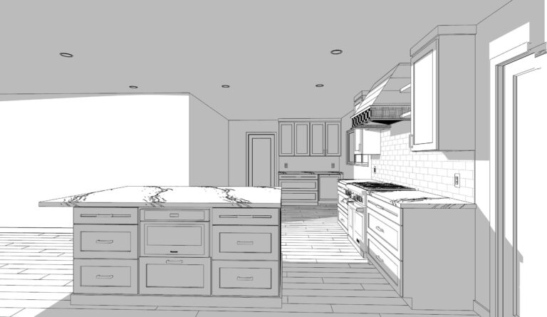 3D rendering of open concept kitchen remodel for San Jose home showing spatial planning and contemporary design with integrated appliances