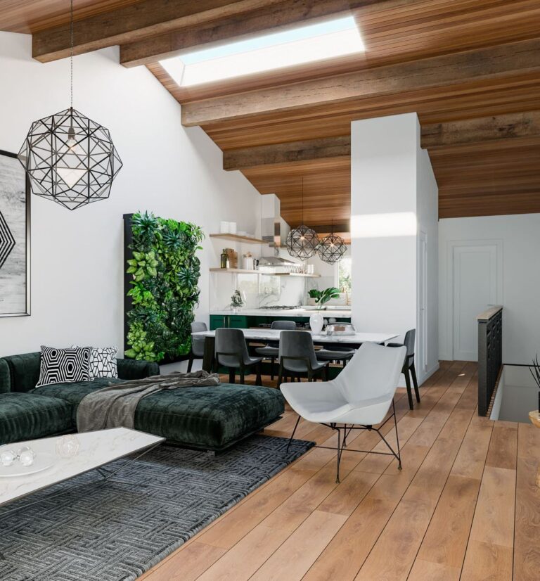 Central Ave home remodel design in Mountain View showing open concept living area, custom green cabinetry, wood ceiling, and seamless flow