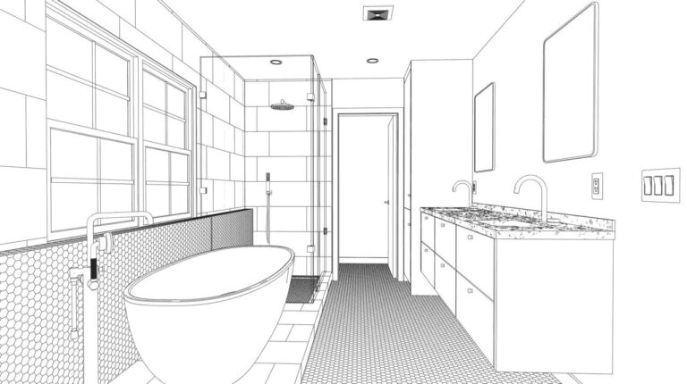 Architectural design sketch for Monte Sereno primary bathroom showing spatial planning for freestanding tub placement and modern fixture layout