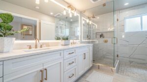 Bathroom remodel featuring quartz countertops, double vanity with white cabinetry, and elegant pendant lighting