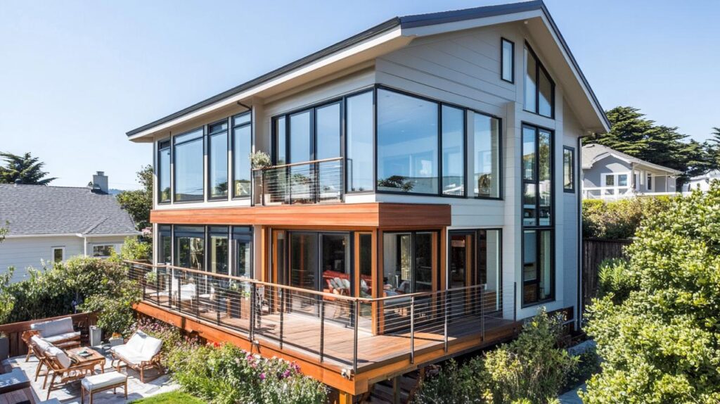 Stunning room addition in Los Gatos featuring two-story contemporary design with expansive floor-to-ceiling windows, multilevel deck, and modern mixed-material exterior.