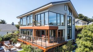 Striking room addition featuring contemporary two-story design with expansive energy-efficient windows, natural wood and gray exterior finishes, and multi-level deck system.