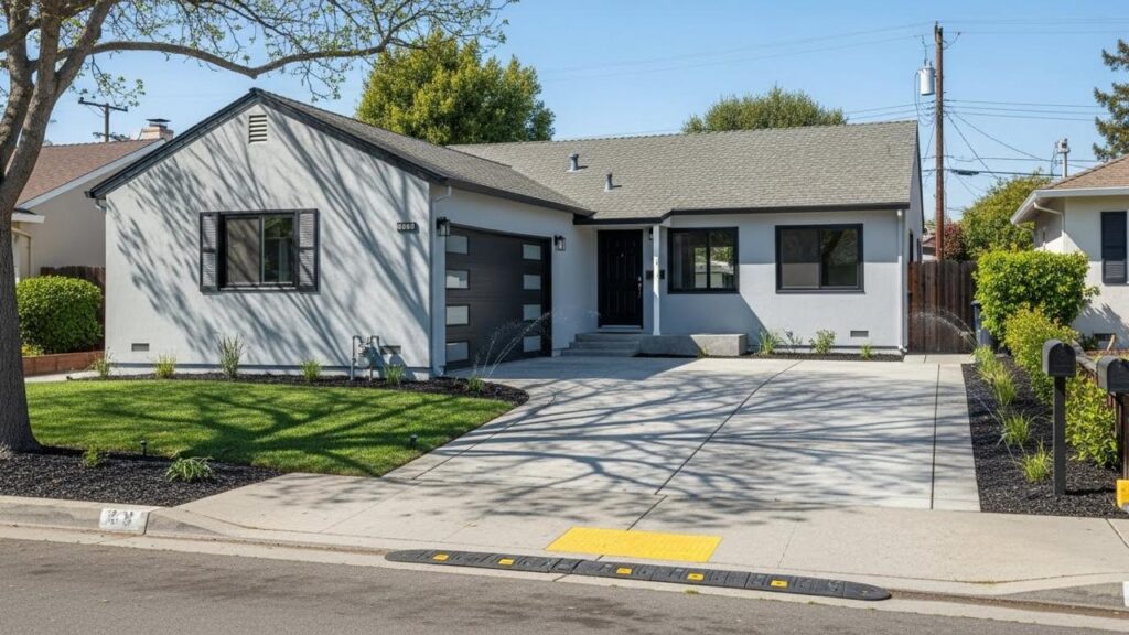 Room addition second story transforms single-level home with modern gray exterior, black shutters, and contemporary front entry