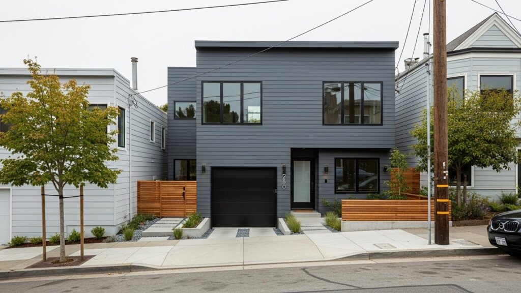 Stunning second story addition cost San Francisco example featuring contemporary black and white exterior with professional landscaping