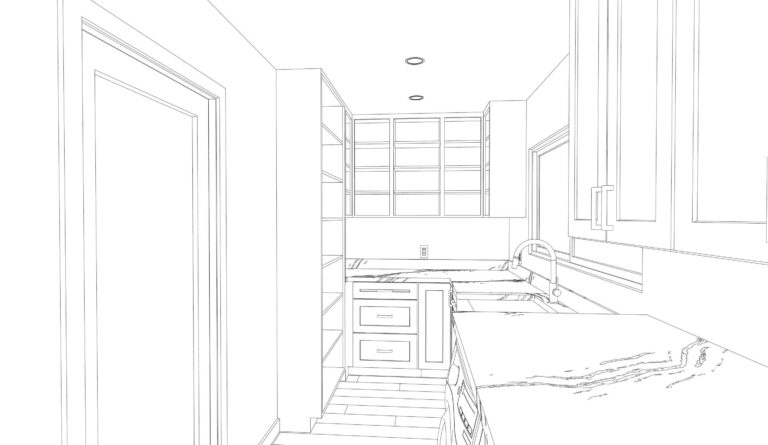 Design sketch for Shulman Ave home remodel kitchen showing open concept layout planning with custom cabinetry and waterfall island placement