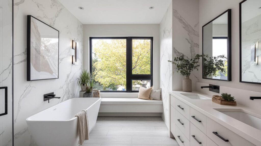 Smart small bathroom renovation in San Jose maximizing natural light with large window and elegant freestanding soaking tub