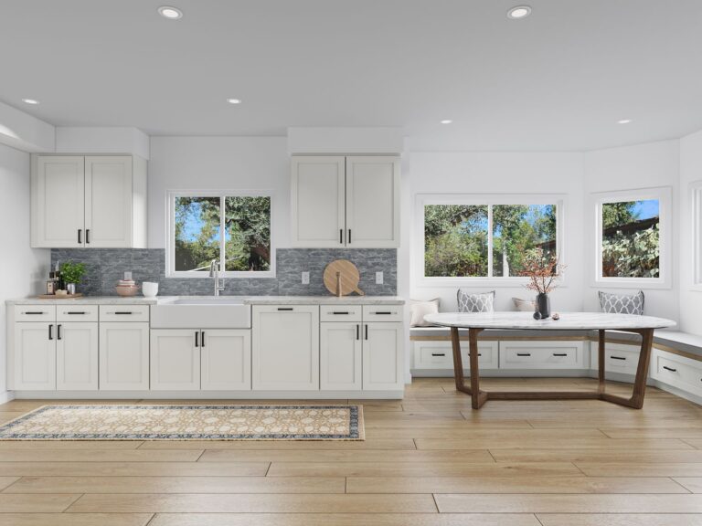 Design stage rendering of Vista Del Mar home remodel showing planned contemporary bathroom with custom white cabinetry and modern finishes by ASL Remodeling in Los Gatos