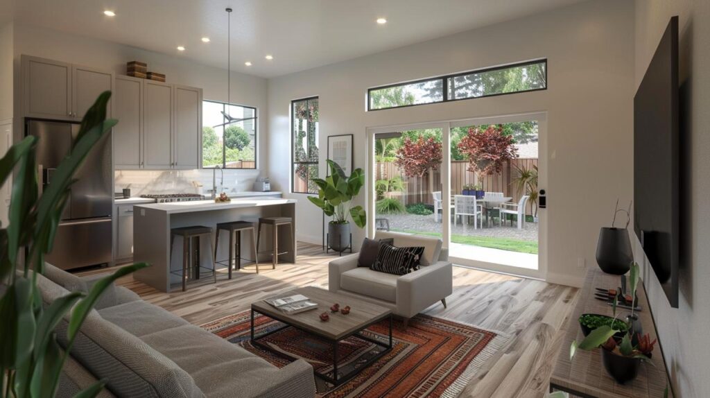 Whole home remodel living room with high ceilings, large windows, and contemporary modern furniture