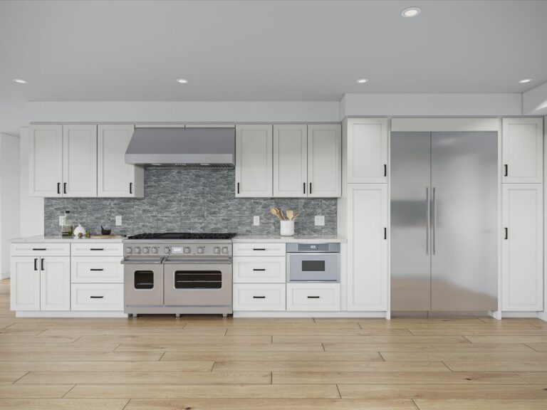 Design stage rendering of Vista Del Mar home remodel showing planned kitchen with custom white cabinetry and contemporary finishes by ASL Remodeling in Los Gatos