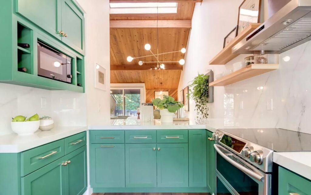 Mountain View kitchen on Central Ave featuring custom green maple cabinetry, wood ceiling with skylight, open shelving, and porcelain countertops