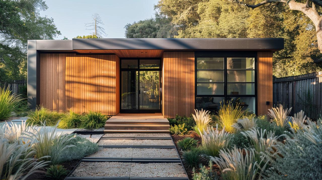 Premium exterior finishes in San Jose room addition showcase contemporary wood siding and sleek modern architectural design